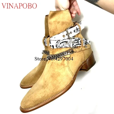 as the picture Vinapobo/модные ботинки «Челси» с граффити; Мужские Зимние ботильоны из натуральной кожи высокого качества; мужские ковбойские ботинки с металлической цепочкой и пряжкой - Цвет: as the picture
