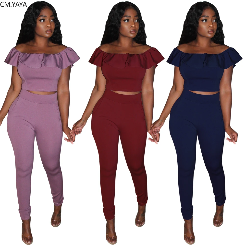 2020 Для женщин комплекты летние костюмы Фитнес Slash шеи оборками Топы + штаны костюм