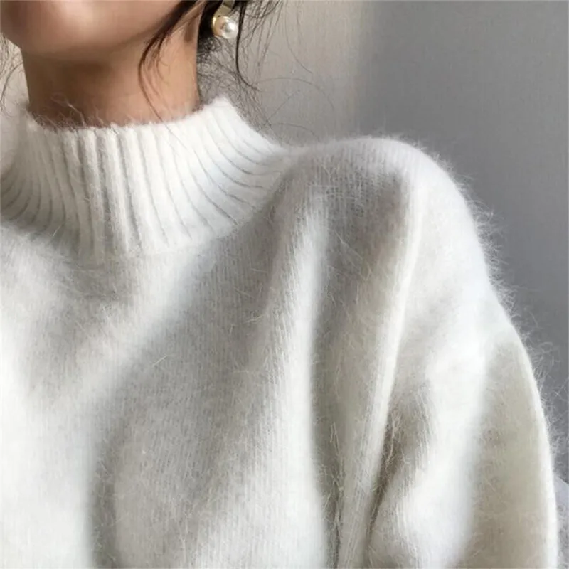 Mink Cashmere Sweater Women Hairy Knitted Winter Jumper Korean Oversized Harajuku Elegant Pullover Loose Turtleneck 2019 | Женская