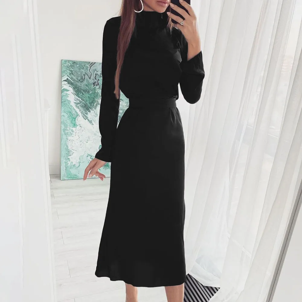 

Autumn Elegant Turtlenck Long Dress Women Casual Sashes Long Sleeve Solid Slim Midi Dresses For Woman 2021 Fashion Party Dress