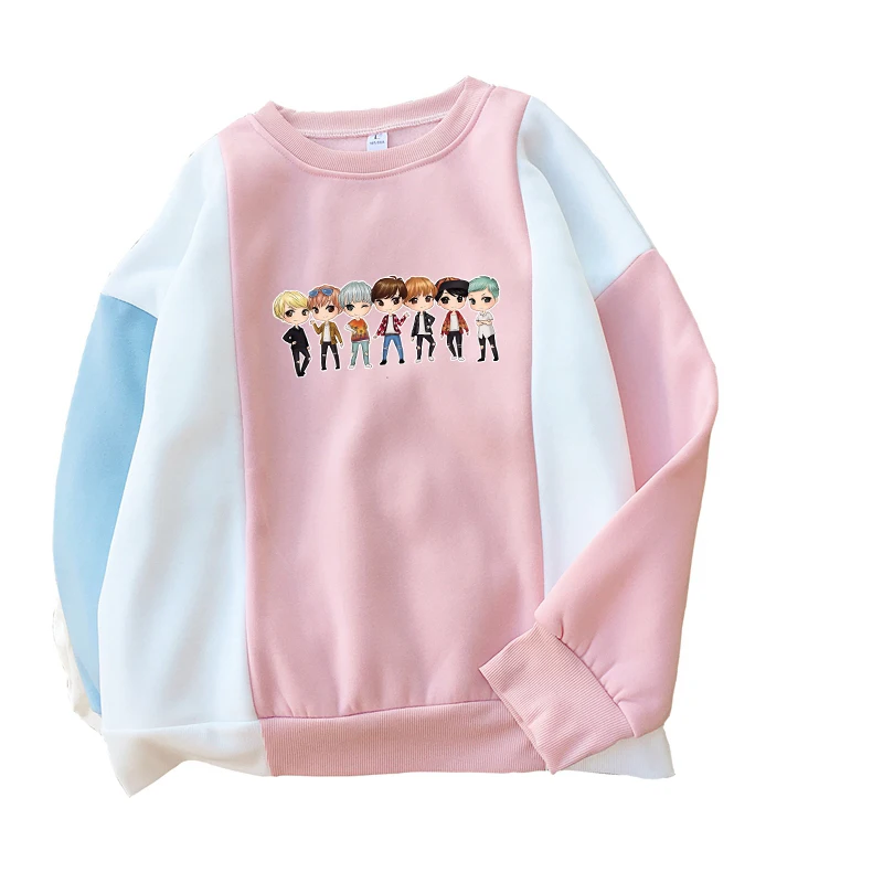 

Толстовки Bangtan Boys Kpop, женские корейские Повседневные пуловеры с милым мультяшным принтом, флисовые толстовки контрастных цветов с круглым в...
