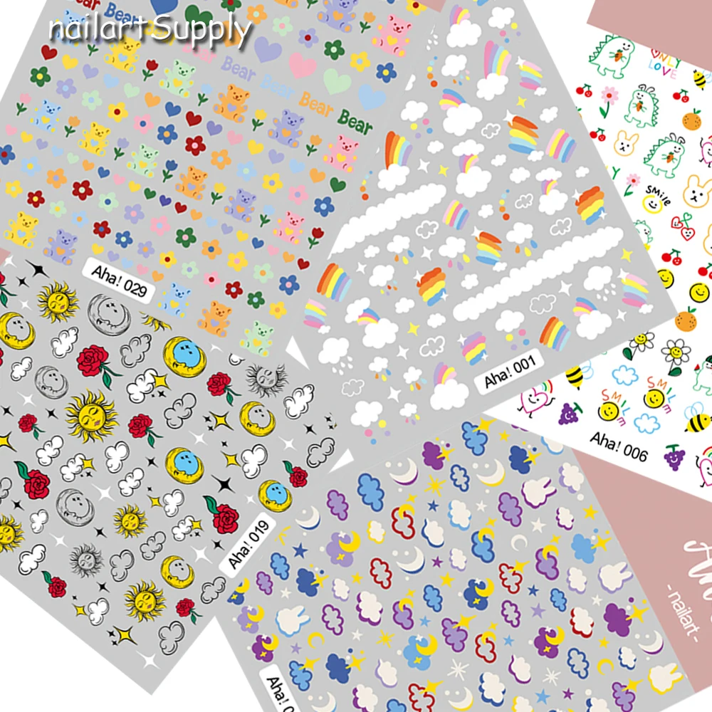 

Aha!! Nail Sticker Adhesive Nail Art 3D Stickers Ultra-thin Cartoon Painting Bear/Rainbow/Sun/Rabbit Cartoon Deacor Decals TD33