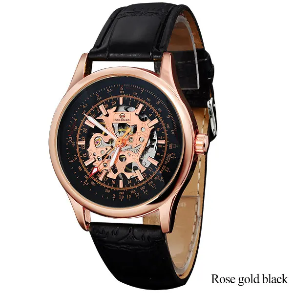 rose gold black FORSINING, роскошные Брендовые мужские часы со скелетом, мужские часы с ручным заводом, мужские повседневные часы, мужские часы в подарок, часы с кожаным ремешком - Цвет: rose gold black