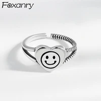 foxanry 925 stamp double layer rings for women ins fashion vintage love heart smiley face party jewelry couples gifts