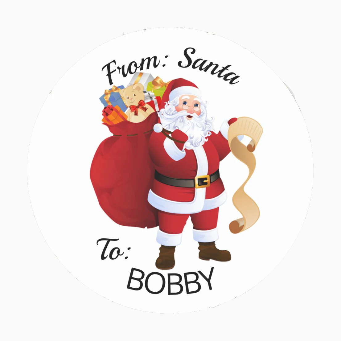 Подарочная Оберточная бирка Санта-Клаус на заказ черная классическая круглая