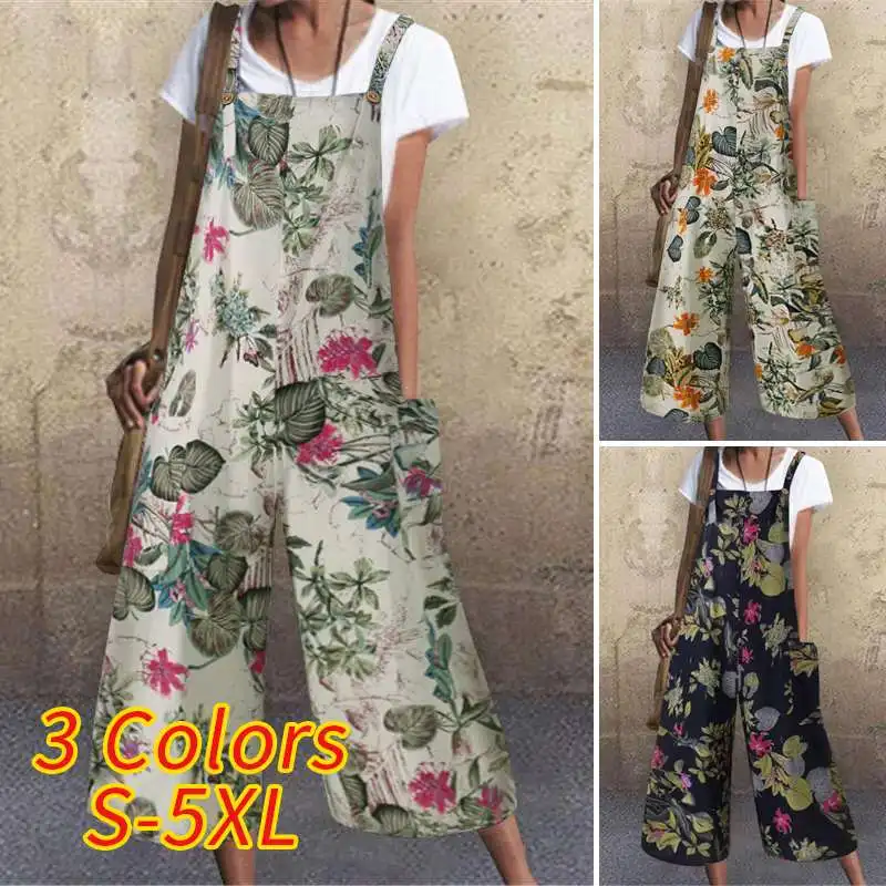 VONDA Summer Loose Rompers Women Jumpsuits 2021 Sexy Sleeveless Vintage Printed Tank Playsuits OL Office Overalls Pantalones |