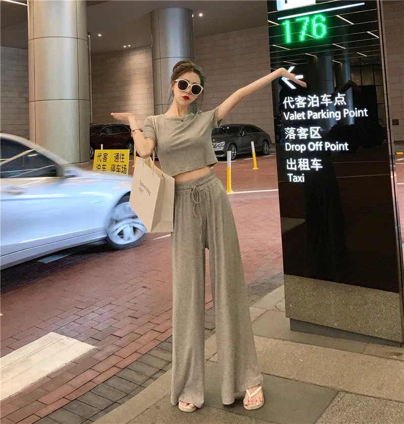 

Yollmart 2 Piece Set Women O Neck Crop Top and Long Pants Set Sexy Short Sleeve Tracksuit Women Wide Leg Pants Conjunto Feminino