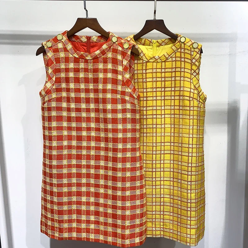 

Chic women's brand new high quality plaid sleeveless dress 2020 Spring summer fashion women 100% SILK LINING sweet dress B814