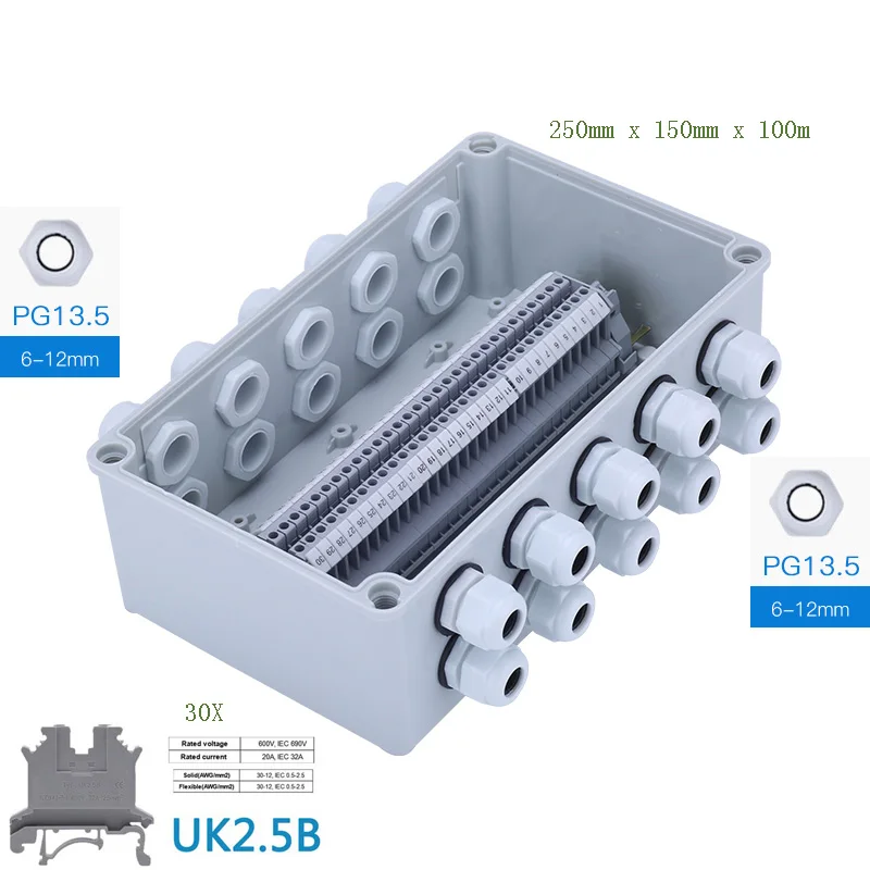 10 in 10 out box kit IP65 водонепроницаемая кабельная распределительная коробка 250*150*100 мм с UK2.5B din-рейку клеммные блоки Набор 12 способов - Цвет: 10 in 10 out box kit