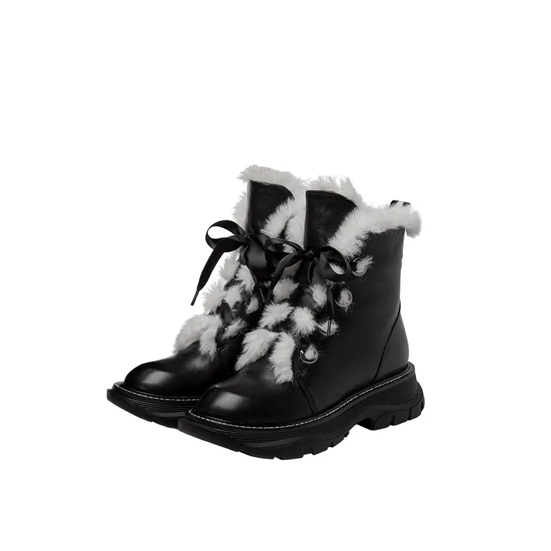 Beli MoonMeek 2021 Kulit Asli Sepatu Nyaman Med Sepatu Hak Round Toe Sepatu Bot Salju Fashion Renda Tetap Hangat Pergelangan Kaki Sepatu Wanita