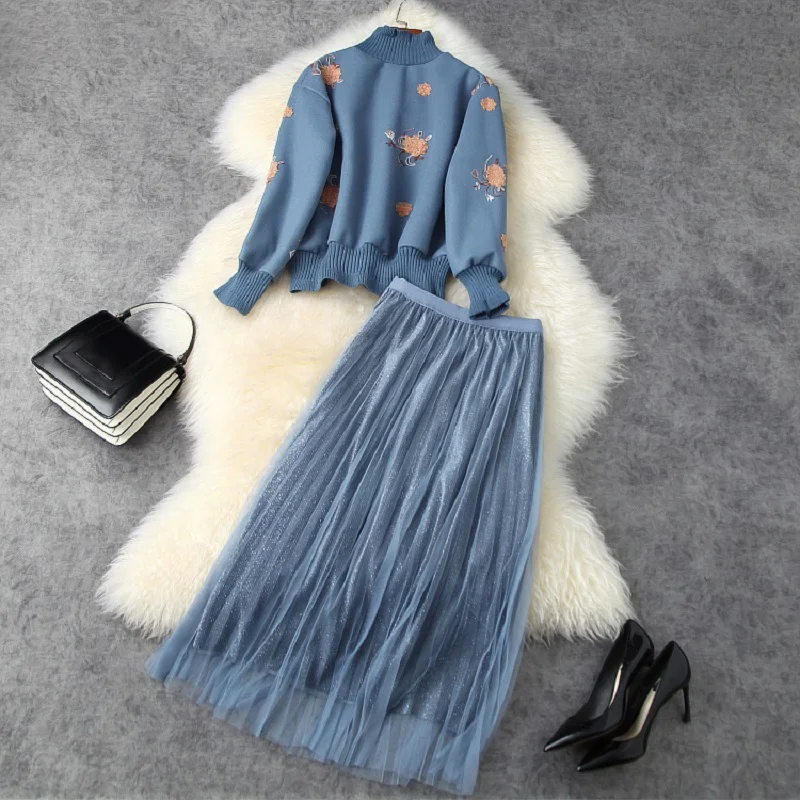 new Two 2021 piece skirt set office work clothing set Casual Womens Sets Embroidered sweater Gauze pleats long Half skirt suit