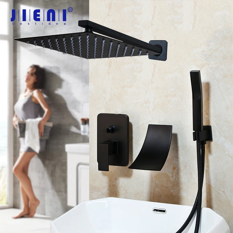 

JIENI 8 12 16 Inch Matte Black Shower Rainfall Tub Shower Faucet LED Bathtub Rain Square Shower Head Waterfall Shower Faucet Set