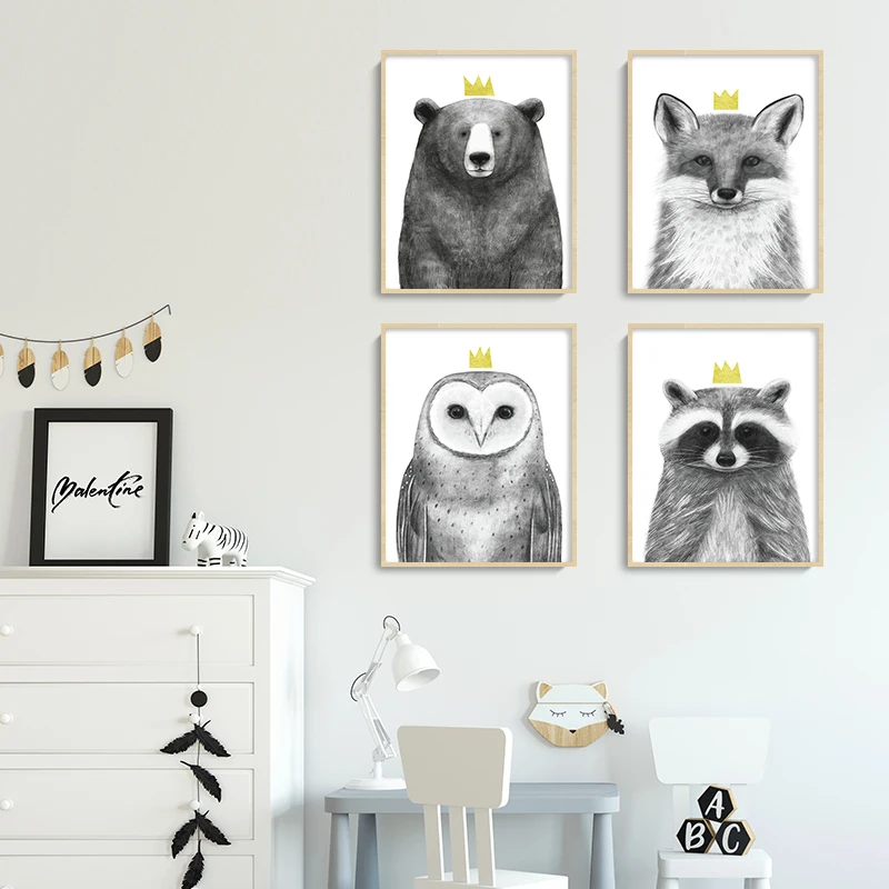 Детский постер на холсте с животными медведь лиса Сова корона художественные