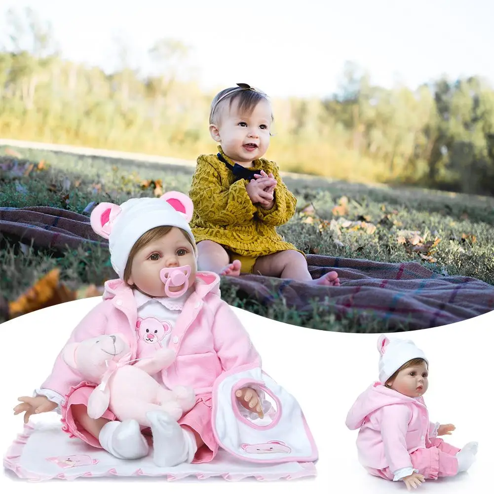 

Beautiful Full Silicone Baby Girl Reborn Baby Doll in Bear Dress Reborn Baby Playmate Kids Toys Pretend Christmas Birthday Toys