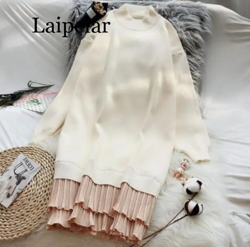 

Зимнее плиссированное платье-свитер, женское вязаное плотное базовое платье, весенние платья с высоким воротником и длинным рукавом в стил...