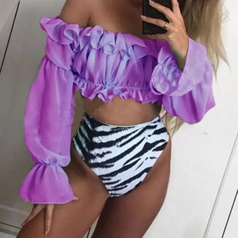 Sexy Green bikini set Swimwear Women Mesh long sleeve swimsuit female High waist bikini Snake printed Bathing suit Mujer