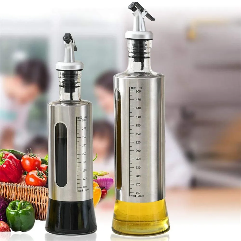 

Olive Oil Vinegar Bottle Set Stainless Steel Container Dispenser With Scale No-Drip Cruet Bottle With Funnel and Auto Nozzle