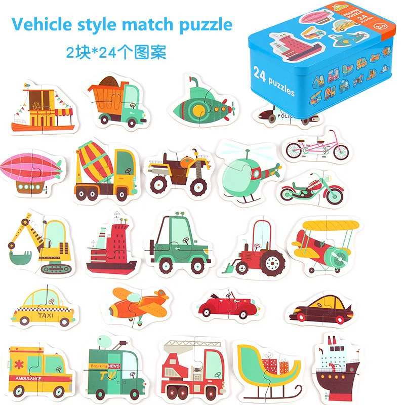 

Hot Iron Box Wooden Puzzle Learning Toy Kids Cartoon Animal Fruits Vehicle Match Jigsaw Baby Early Educational Toys for Children