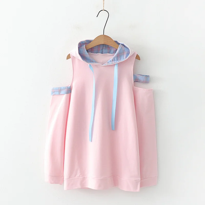 

Spring Autumn Women Off Shoulder Pink Hooded Sweatshirts Long Sleeve Drawstring Pullover Femme Student Girls Sweet Style Hoodies
