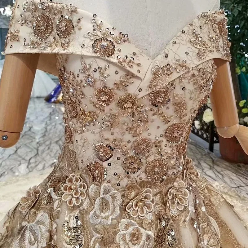 

LS247110 golden lace shiny long party dresses off shoulder sweetheart bling evening dresses with long train quick shipping