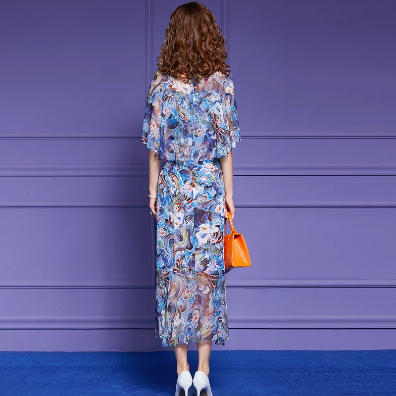 

2021 Summer New Elegant Floral Print Ruffles Patchwork Chiffon Dress Midi Office Party Robe Femme Holiday Vestidos
