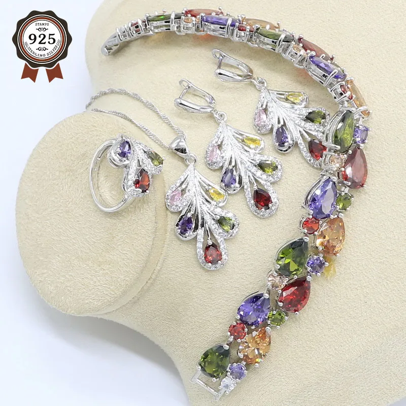 Серебряный свадебный набор украшений для женщин разноцветный циркониевый