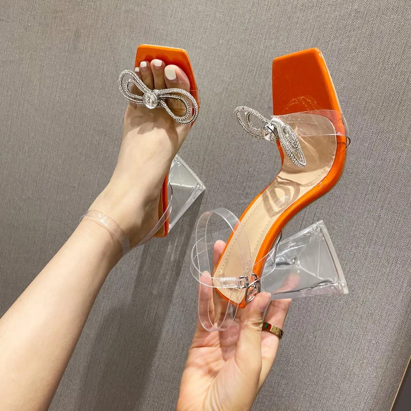 

2021 Transparent Triangle with Rhinestone Bowknot Thick Heel Ultra High Heel Foreign Trade Square Sandal Female Wome Shoes