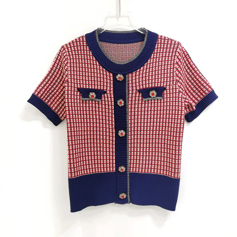 

New Autumn France Style Vintage Knit Sweater Ruby Rhinestone Buttons Contrast Color Plaid Pullover Sweater Short Sleeve Top 2021