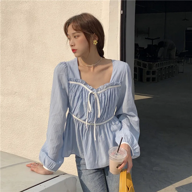 

GRUIICEEN Fashion 2021 Spring New Collection Lacing Bow Square Collar Long Sleeve Slim Blouse Womens