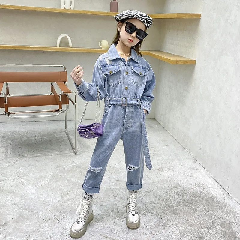

2021 Autumn Kids Costume Teen Girls Casual Denim Jumpsuit Set Girls Tracksuit Kids Clothes Children's Pants Ripped Jeans Outfits