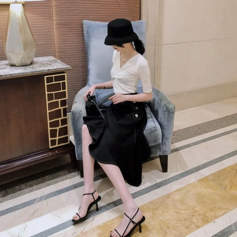 Лето женская черная упаковка русалка юбка OL Стиль Элегантные Высокая талия Асимметричные оборки миди юбки женская уличная s m l