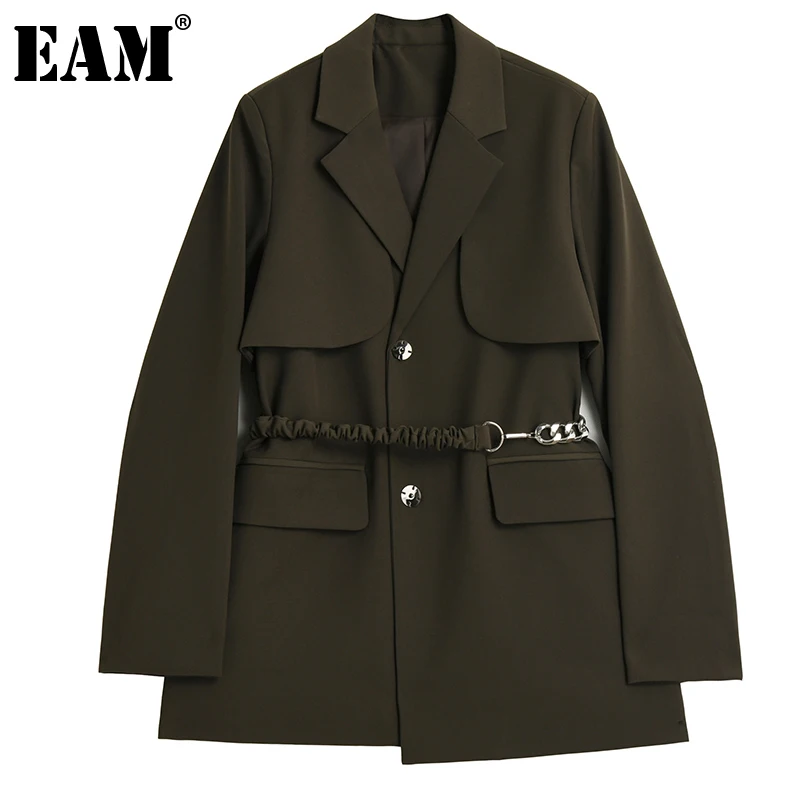 

[EAM] Women Black Belted Pocket Casual Blazer New Lapel Long Sleeve Loose Fit Jacket Fashion Tide Spring Autumn 2021 1DE3536