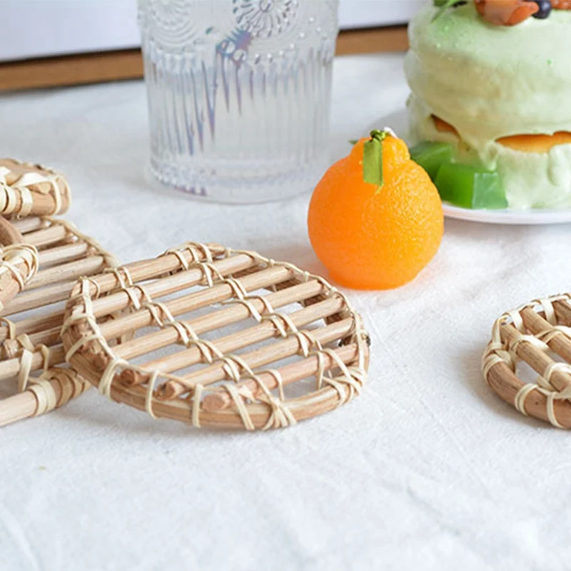 

4Pcs Natural Handmade Rattan Coaster Pot Cushion Tea Cup Bamboo Mat Household and Kitchen Goods