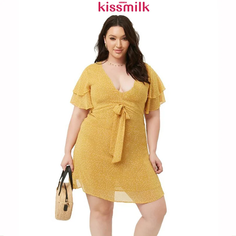 Женское платье в горошек Kissmilk большого размера с глубоким v вырезом и складным