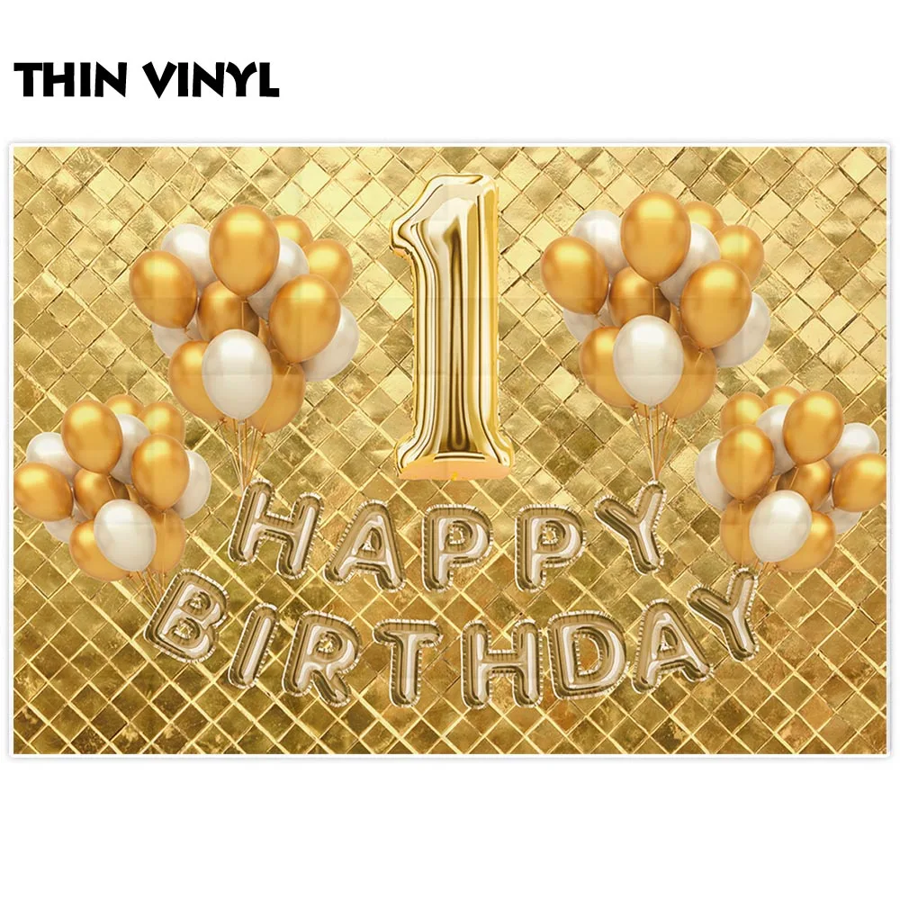 Allenjoy Happy 1st Birthday Backdrops Glitter Golden Lattice Balloons Adult Party Banner Photozone Celebrate Event Wall Supplies