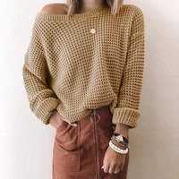 2021 new european style women sweater solid loose oblique collar long sleeve pullover tops coarse yarn knitwear jersey mujer