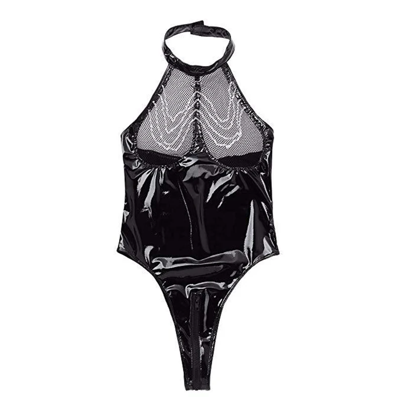 

Hot selling European and American foreign trade sexy sexy black patent leather interlock with chain Teddies & Bodysuits