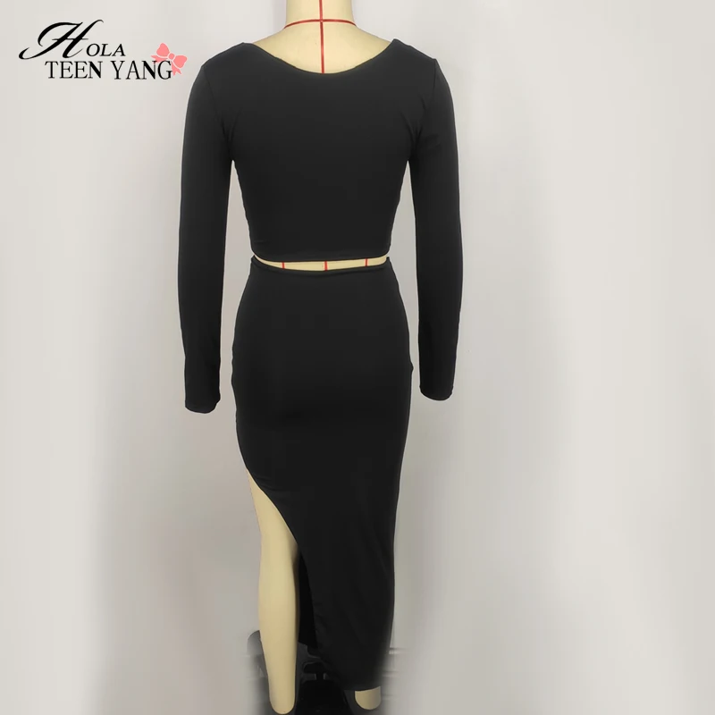 

Solid Black Two Pieces Sexy Women Long Sleeve Crop Top Bodycon O Neck Tops High Waist Split Long Skirt Clubwear for Ladies 2020