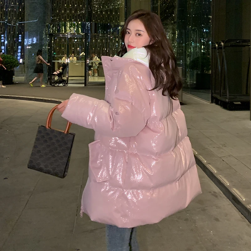 Lotus Pink Glossy down Jacket Women's Mid-Length Winter Clothing New Korean Style Detachable Hat Fashion Thickened Coat