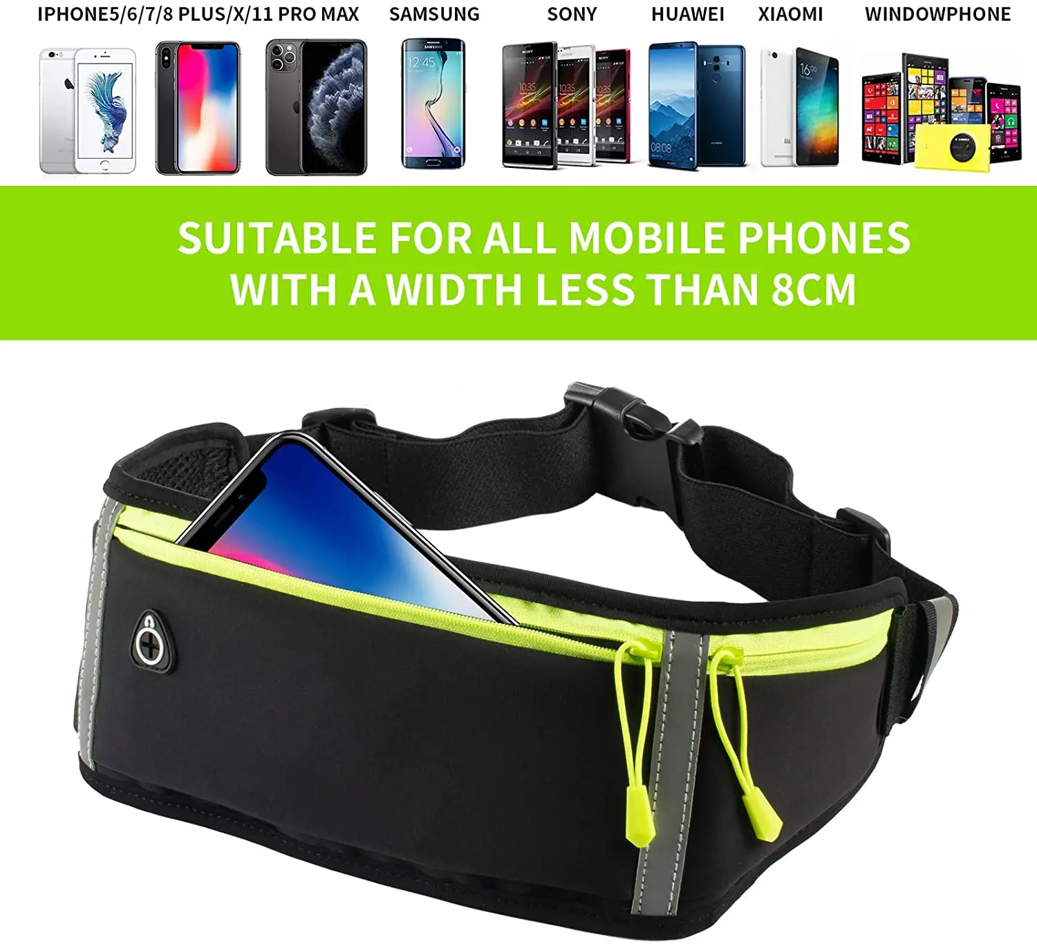 

Water Running Waist Resistant Pack with Adjustable Elastic Strap Headphone-Hole and Reflective Strips waist bag climbing