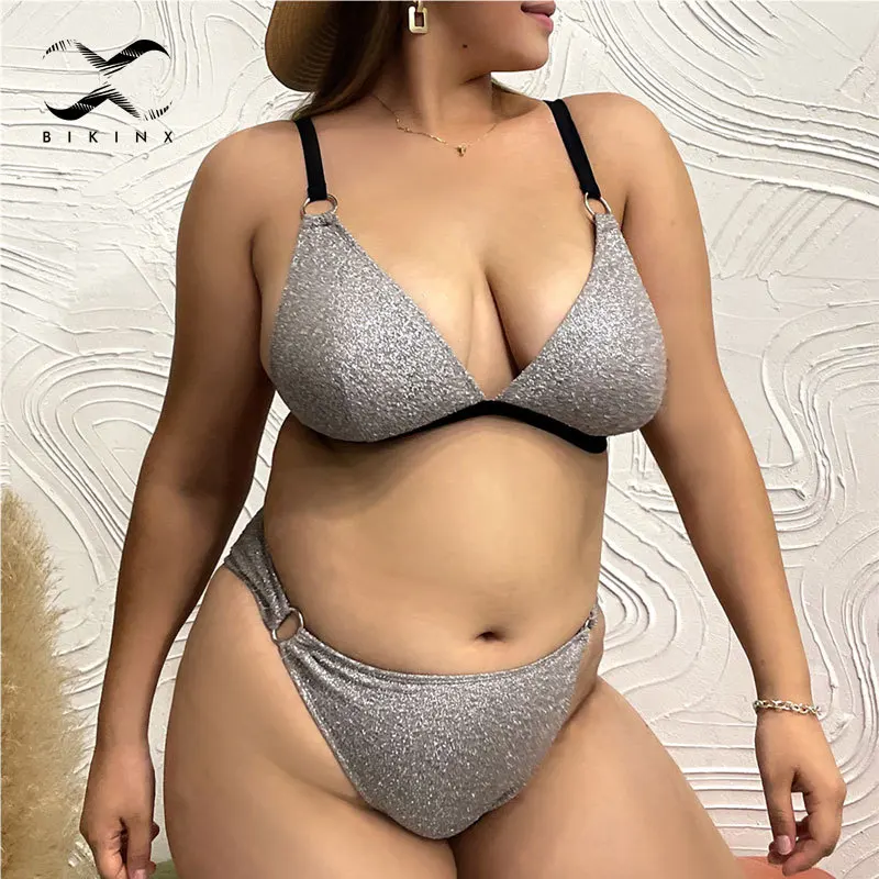 

Блестящий треугольный бикини 2021, сексуальный лоскутный купальник, женский купальный костюм с высоким вырезом, женский купальник большого р...