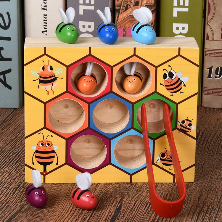 

Hot Wooden Leaning Educatinal Toys Childhood Color Cognitive Clip Small Bee Toy Children Montessori Early Education Beehive Game