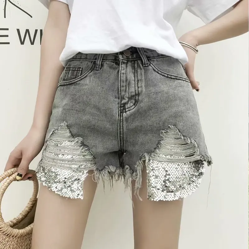 

Streetwear Patchwork Sequined Tassel Denim Shorts for Women High Waist Sexy Summer Shorts Jeans 5xl Plus Size Female 2021 New