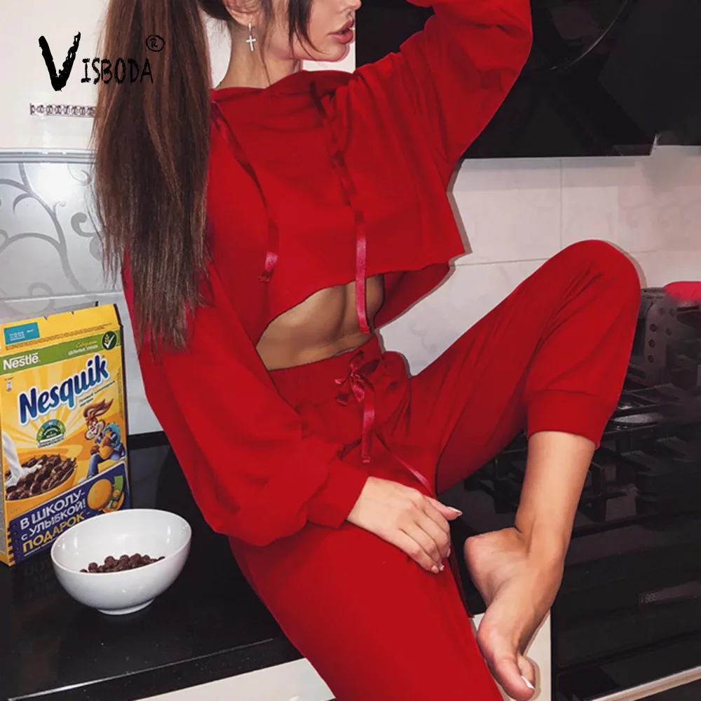 Повседневное красные спортивные костюмы женский комплект 2 шт. свободные кроп