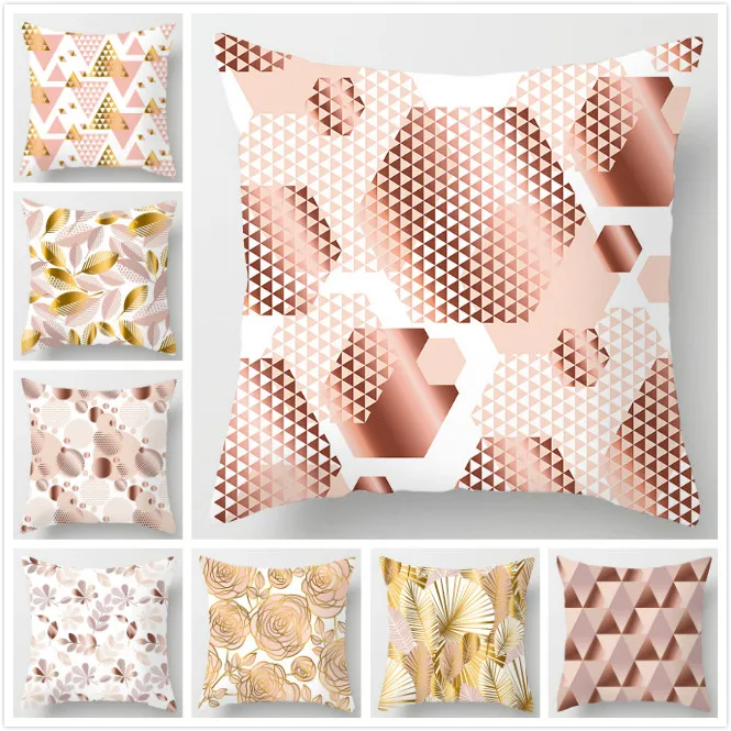 Розовая Геометрическая короткая бархатная декоративная наволочка с цветочным