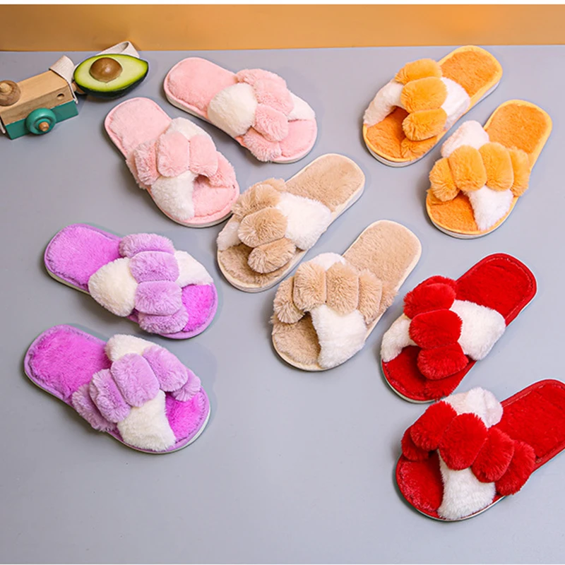 

Children's Home Slippers Winter Warm Shoes Woman Slip On Flats Slides Female Faux Fur Slippers Wholesale Slippers