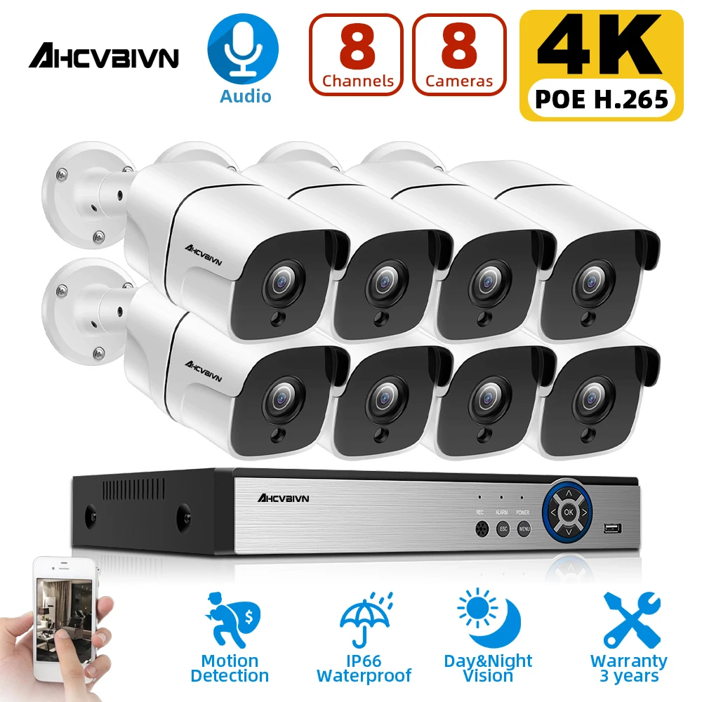 

Система видеонаблюдения AHCVBIVN 4K, 8 каналов, POE, NVR, 8 Мп, IMX415, наружная Водонепроницаемая POE IP-камера, комплект видеонаблюдения H.265