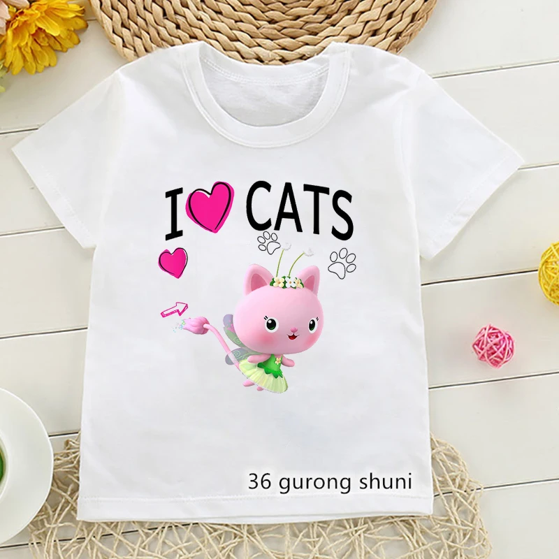 

I Love Cats Graphic Print T-Shirt Tops For Girls Gabby Dollhouse Cartoon Kids Clothes Harajuku Shirt Kawaii Children'S Clothing