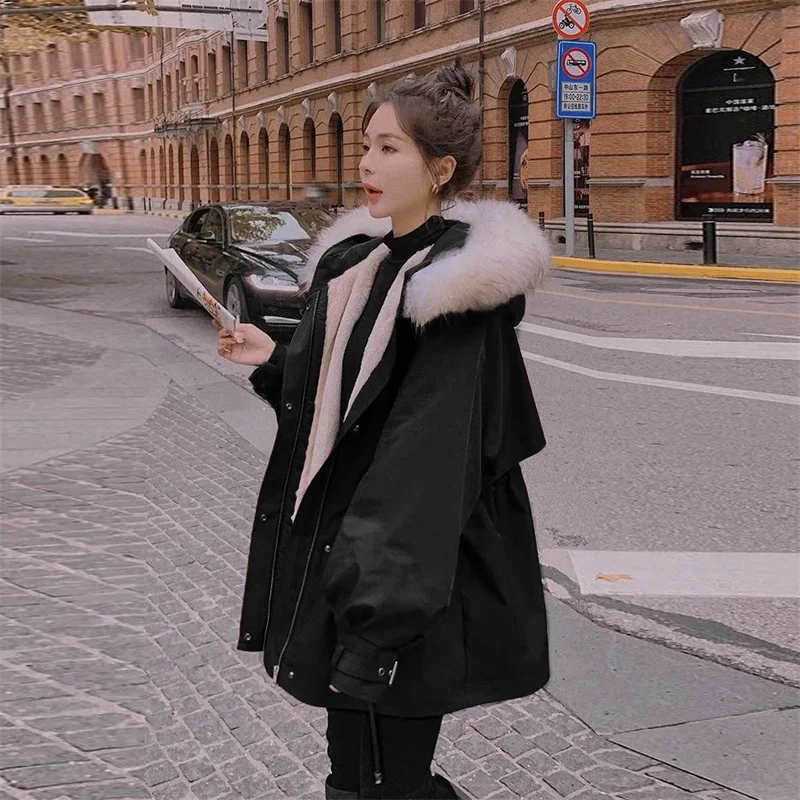 Velvet Parker Padded Jacket Women 2022 Winter New Thick Warm Jacket Tooling Cotton-padded Waist Hooded Padded Jacket M572