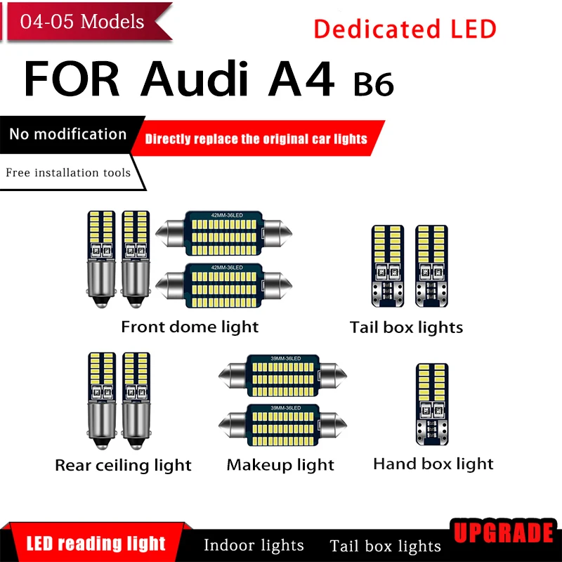 

11 Pcs/set Car White Interior Reading LED Light Bulbs Package 39mm 42mm 12V For Audi A4 B6 2004 2005 Auto Map Dome License Light